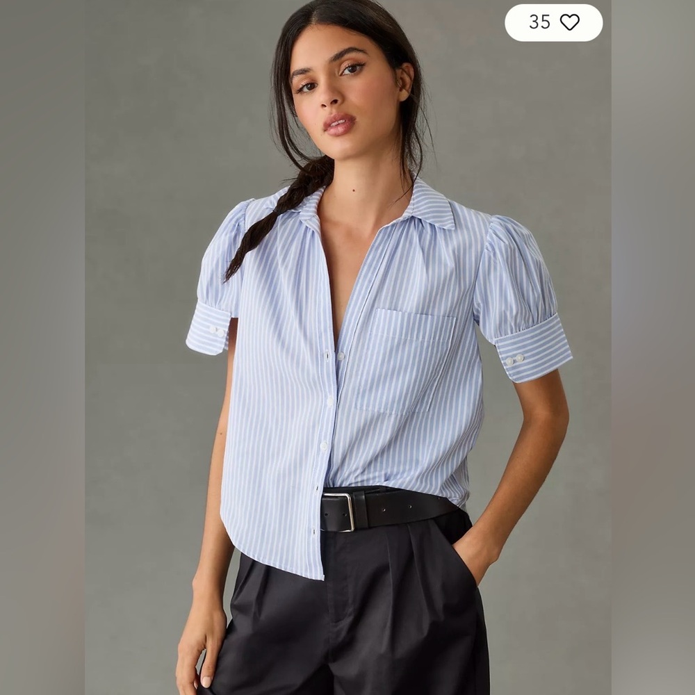 Anthropologie Light Blue and White Striped Puff-Sleeve Button-Down Shirt